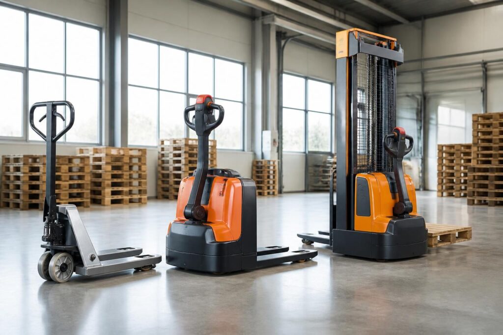 découvrez notre gamme de transpalettes à fourche courte : modèles manuels, électriques et options gerbeurs pour optimiser vos opérations de manutention.